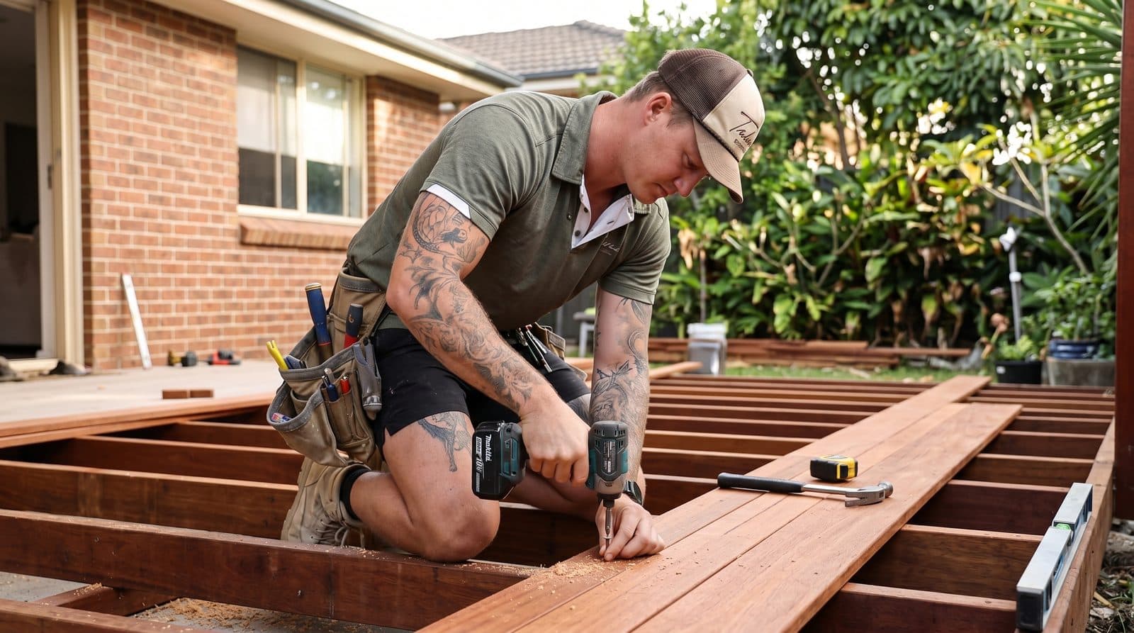 Ben from Takara Construction building a hardwood timber deck on site in Newcastle