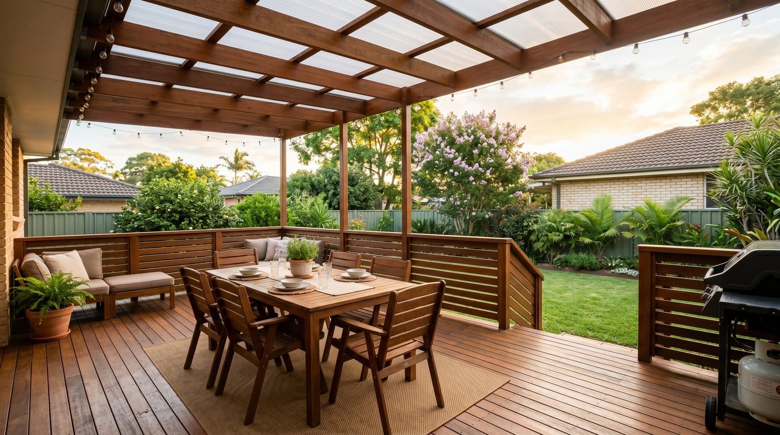 Covered timber deck and outdoor living area built by Takara Construction in Newcastle