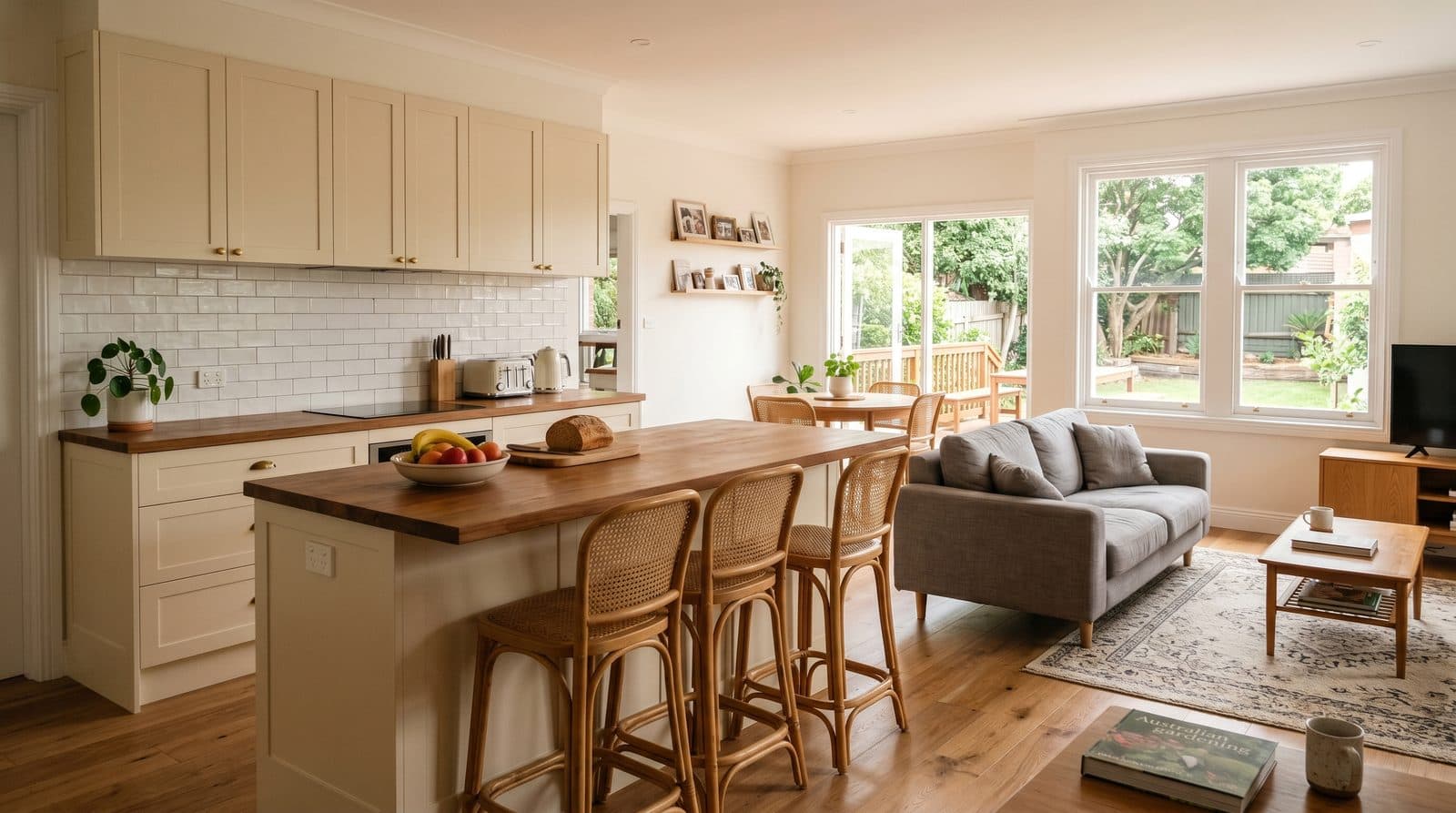 Freshly renovated open-plan kitchen and living area with timber finishes by Takara Construction