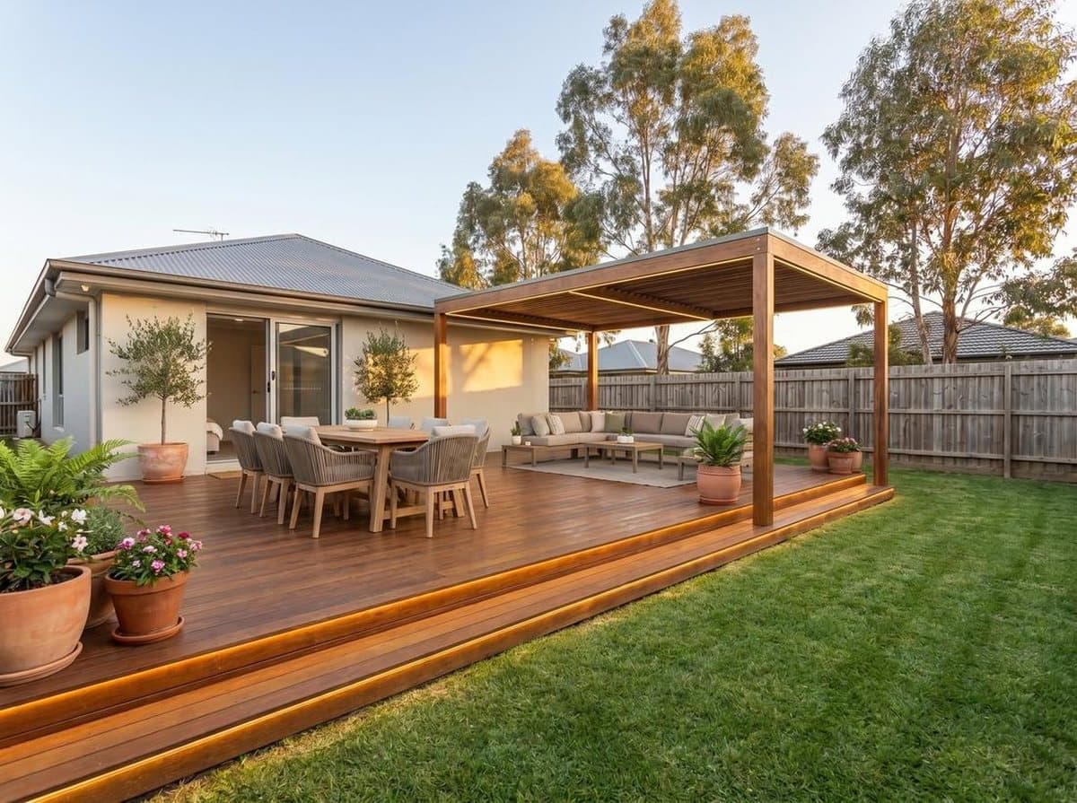 Finished timber deck and outdoor living area built by Takara Construction